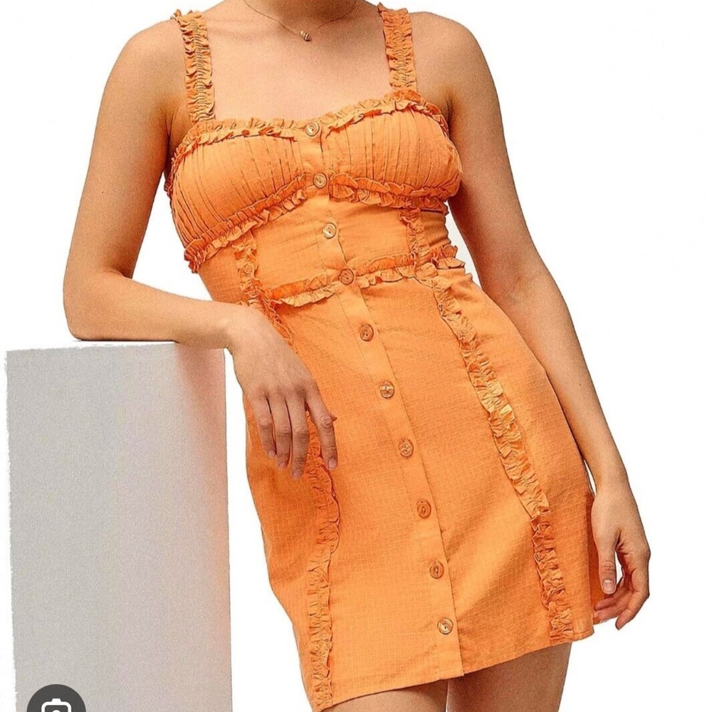 Urban Outfitters Luxe Dreams Button-Front Ruffle Mini Dress Orange Sz M cotton
